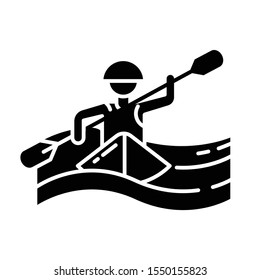 Kayaking glyph icon. Canoeing watersport, extreme underwater kind of sport. Risky and adventurous leisure on boat with puddle. Silhouette symbol. Negative space. Vector isolated illustration