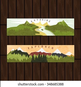 Kayaking holidays forest landscape with mountain peaks and two horizontal banners set on wooden background