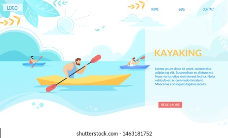 Kayaking Horizontal Banner, Sport Competition. Sportsmen Rowing in Kayaks at Rocky Shore. Summer Vacation Water Fun. Tourists Company Extreme Activity, Nature Leisure, Cartoon Flat Vector Illustration