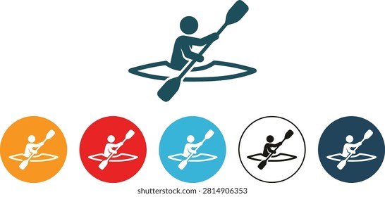 Kayaking icon set showing a person paddling in a kayak for water sports adventure and outdoor recreation vector illustration