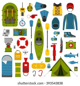 Kayaking icons collection. River camping outdoor elements. Rafting equipment and gear collection. Vector raft elements isolated on white. Rafting river hike accessories and items set. Water hiking.