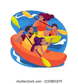 Kayaking isolated cartoon vector illustration. Father and mother sitting in two kaykaks together with kids, family travel, wearing lifejacket, lake kayaking, summer holiday vector cartoon.