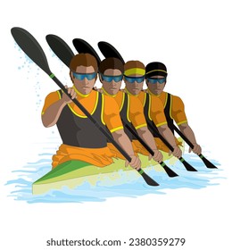 kayaking K4 team of four males paddling with water isolated on a white background