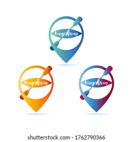 Kayaking. Location icon. Set. RIVER SPORTS. Road sign. Lettering. Design bright summer emblem with the inscription.