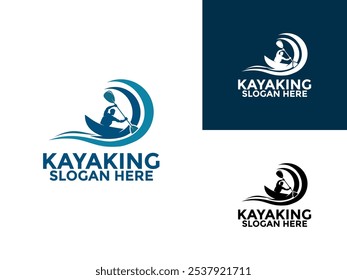 Modelo de vetor de design de logotipo de caiaque, Kayak logo canoe paddle aventura selvagem com onda logotipo vetor ilustração vintage estilo