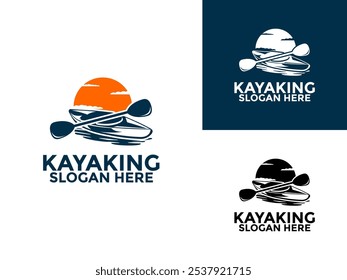 Kayaking logo design vector template, Kayak logo canoe paddle wild adventure with sun logo vector illustration vintage style