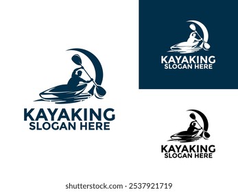 Plantilla de Vector de diseño de logotipo de kayak, aventura salvaje de remo de canoa con logotipo de ola estilo vintage de Ilustración vectorial