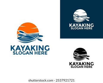 Modelo de vetor de design de logotipo de caiaque, Kayak logo canoe paddle aventura selvagem com sol logo vetor ilustração vintage estilo