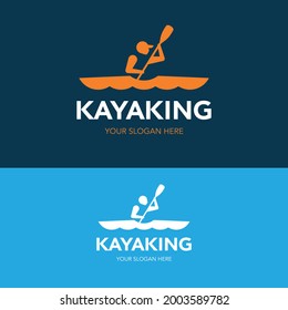 Kayaking logo, river kayak man holding paddle silhouette logo. Icon or pictogram vector illustration.