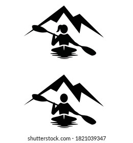 Kayaking logo with silhouette of kayak, water & mountains. Vector art & text for logo. Design for prints, decals, t-shirts. Both man & woman  kayaker designs included. Template for banner, web design 