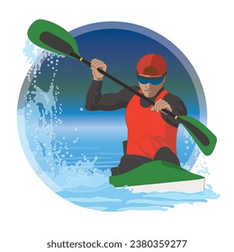 kayaking male paddling in water with border circle in background