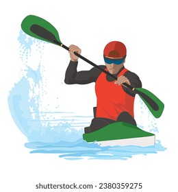 kayaking male paddling in water isolated on a white background