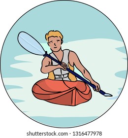 Kayaking Man Vector. Rafting. Vest Jacket, Paddle Oar, Kayak Boat. Kayaking Water Sport. Flat Cartoon Illustration rowing first-person. Beautiful cartoon. rowing outdoor fun. kayaking with lettering
