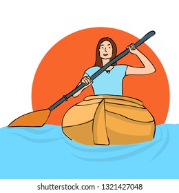 Kayaking Man Vector. Rafting. Vest Jacket, Paddle Oar, Kayak Boat. Kayaking Water Sport. Flat Cartoon Illustration rowing first-person. Beautiful cartoon. rowing outdoor fun. kayaking with lettering
