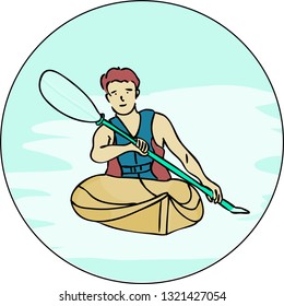 Kayaking Man Vector. Rafting. Vest Jacket, Paddle Oar, Kayak Boat. Kayaking Water Sport. Flat Cartoon Illustration rowing first-person. Beautiful cartoon. rowing outdoor fun. kayaking with lettering