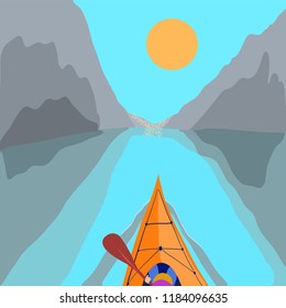 Kayaking Man Vector. Rafting. Kayaking Water Sport. Flat Cartoon Illustration rowing first-person. Beautiful cartoon. rowing outdoor fun. Seascape