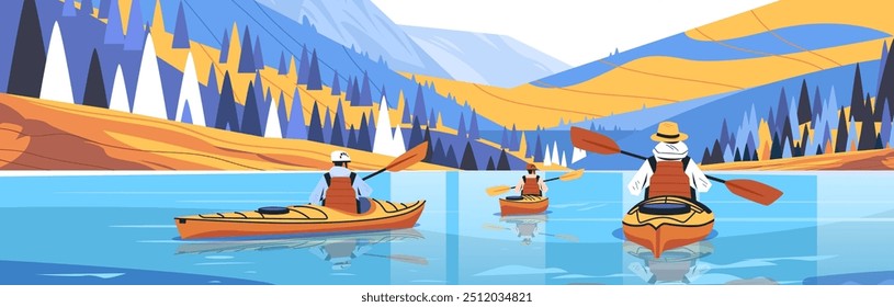 Kayaking in mountain lake scenery adventure. Three people kayaking on calm lake surrounded by colorful mountains and trees clear sky vibrant colors outdoor activity. Website banner template