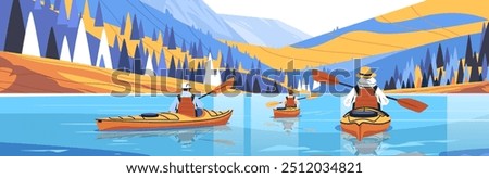 Kayaking in mountain lake scenery adventure. Three people kayaking on calm lake surrounded by colorful mountains and trees clear sky vibrant colors outdoor activity. Website banner template