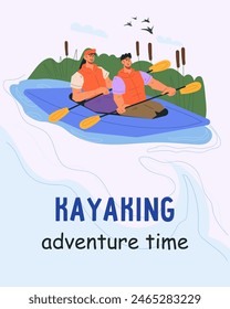 Kayaking in nature, banner or poster design flat vector illustration. Banner or flyer with tourists floating in a kayak or canoe. Summer tourist's activity and watersports.