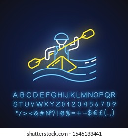 Kayaking neon light icon. Canoeing watersport, extreme kind of sport. Risky and adventurous leisure on boat with puddle. Glowing sign with alphabet, numbers and symbols. Vector isolated illustration