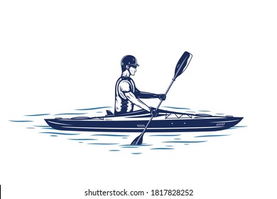 Kayaking on river vector illustration. Water sport and kayaking design concept