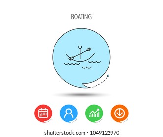 Kayaking on waves icon. Boating or rafting sign. Canoeing extreme sport symbol. Calendar, User and Business Chart, Download arrow icons. Speech bubbles with flat signs. Vector