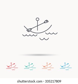 Kayaking on waves icon. Boating or rafting sign. Canoeing extreme sport symbol. Linear icons on white background.