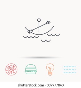 Kayaking on waves icon. Boating or rafting sign. Canoeing extreme sport symbol. Global connect network, ocean wave and burger icons. Lightbulb lamp symbol.