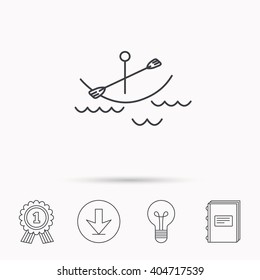 Kayaking on waves icon. Boating or rafting sign. Canoeing extreme sport symbol. Download arrow, lamp, learn book and award medal icons.