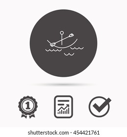 Kayaking on waves icon. Boating or rafting sign. Canoeing extreme sport symbol. Report document, winner award and tick. Round circle button with icon. Vector