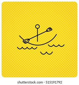 Kayaking on waves icon. Boating or rafting sign. Canoeing extreme sport symbol. Linear icon on orange background. Vector