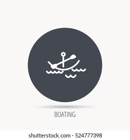 Kayaking on waves icon. Boating or rafting sign. Canoeing extreme sport symbol. Round web button with flat icon. Vector