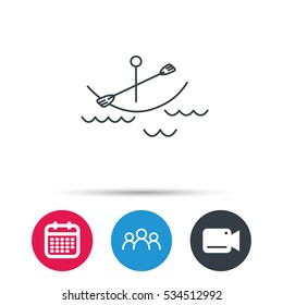Kayaking on waves icon. Boating or rafting sign. Canoeing extreme sport symbol. Group of people, video cam and calendar icons. Vector