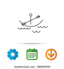 Kayaking on waves icon. Boating or rafting sign. Canoeing extreme sport symbol. Calendar, cogwheel and download arrow signs. Colored flat web icons. Vector
