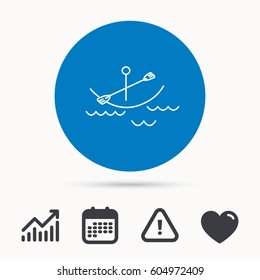 Kayaking on waves icon. Boating or rafting sign. Canoeing extreme sport symbol. Calendar, attention sign and growth chart. Button with web icon. Vector