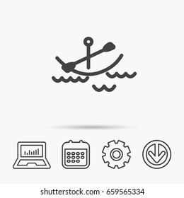 Kayaking on waves icon. Boating or rafting sign. Canoeing extreme sport symbol. Notebook, Calendar and Cogwheel signs. Download arrow web icon. Vector