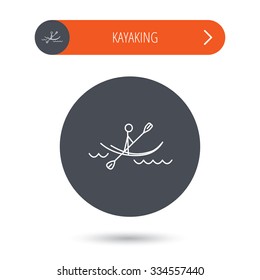 Kayaking on waves icon. Rafting or canoeing sign. Boating sport symbol. Gray flat circle button. Orange button with arrow.
