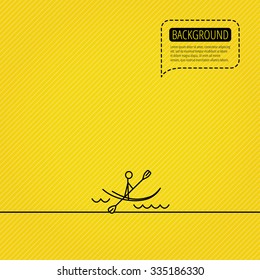 Kayaking on waves icon. Rafting or canoeing sign. Boating sport symbol. Speech bubble of dotted line. Orange background.