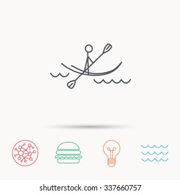 Kayaking on waves icon. Rafting or canoeing sign. Boating sport symbol. Global connect network, ocean wave and burger icons. Lightbulb lamp symbol.