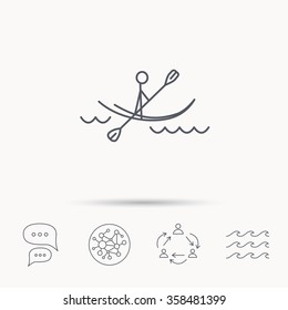 Kayaking on waves icon. Rafting or canoeing sign. Boating sport symbol. Global connect network, ocean wave and chat dialog icons. Teamwork symbol.
