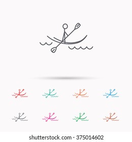 Kayaking on waves icon. Rafting or canoeing sign. Boating sport symbol. Linear icons on white background.