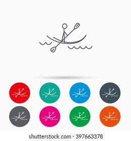 Kayaking on waves icon. Rafting or canoeing sign. Boating sport symbol. Linear icons in circles on white background.