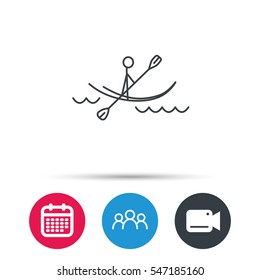 Kayaking on waves icon. Rafting or canoeing sign. Boating sport symbol. Group of people, video cam and calendar icons. Vector