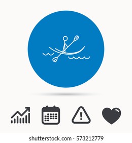 Kayaking on waves icon. Rafting or canoeing sign. Boating sport symbol. Calendar, attention sign and growth chart. Button with web icon. Vector