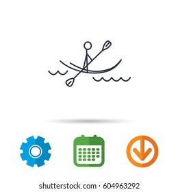 Kayaking on waves icon. Rafting or canoeing sign. Boating sport symbol. Calendar, cogwheel and download arrow signs. Colored flat web icons. Vector