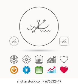 Kayaking on waves icon. Rafting or canoeing sign. Boating sport symbol. Calendar, Graph chart and Cogwheel signs. Download and Heart love linear web icons. Vector
