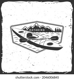 Kayaking. Outdoor adventure. Vector illustration. Concept for shirt or logo, print, stamp or tee. Vintage typography design with kayak and mountain silhouette. Camping patch, badge