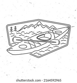 Kayaking. Outdoor adventure. Vector illustration. Concept for shirt or logo, print, stamp or tee. Vintage line art design with kayak and mountain. Camping patch, badge.