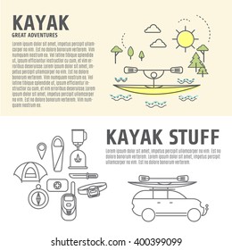 Kayaking poster. Man floating kayak emblem. Set of icons equipment for kayaking . Transportation kayak. Banners in a linear style. Vector illustration.