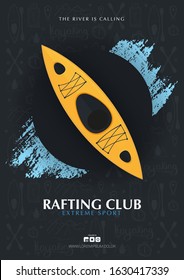 Kayaking or rafting banner with yellow kayak and hand draw doodle background